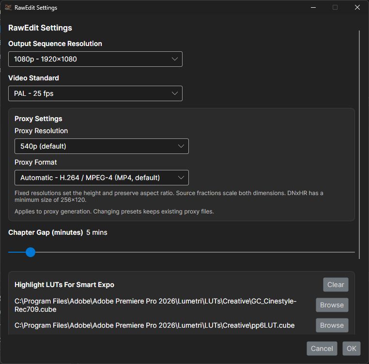 The upper part of the settings window, showing output resolution, video standard, proxies, and chapter gap. This fixed-size dialog cannot be maximised, but its contents can be scrolled.