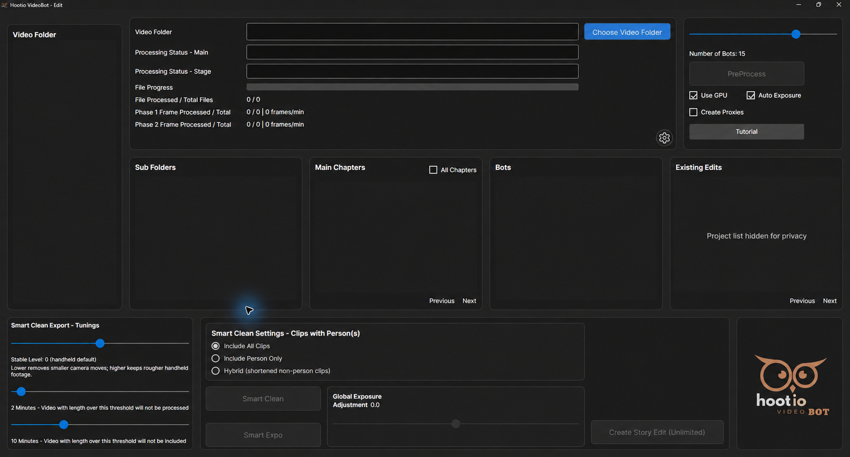 A maximised new-project window. Before a folder is selected, the media list is empty and PreProcess is unavailable. Client project lists were obscured with AI assistance; key status information was checked against the original screenshot.