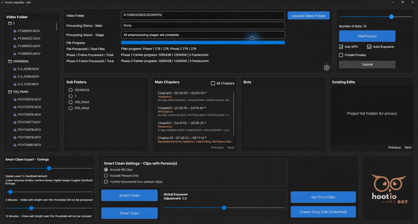 Completed preprocessing in an existing project using the same path: both phases show 276 / 276 files and the status explicitly reads Done. This is not the completion record for the newly created project. Client project lists were obscured with AI assistance; key status information was checked against the original screenshot.