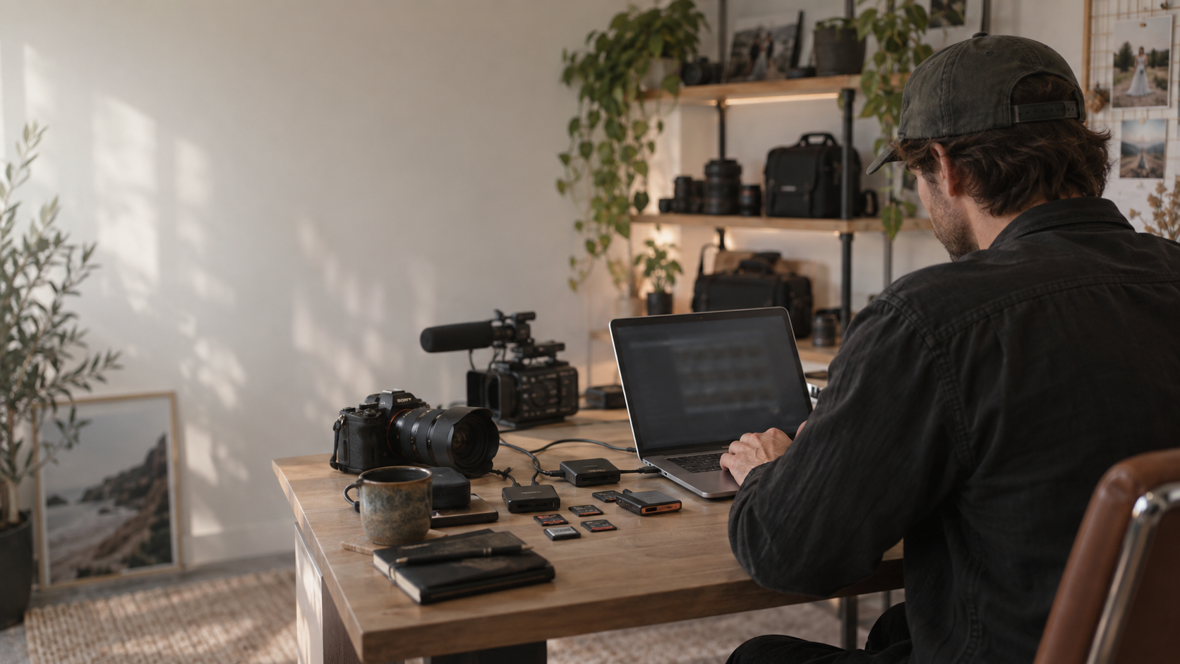 A wedding photographer importing camera cards at a studio desk