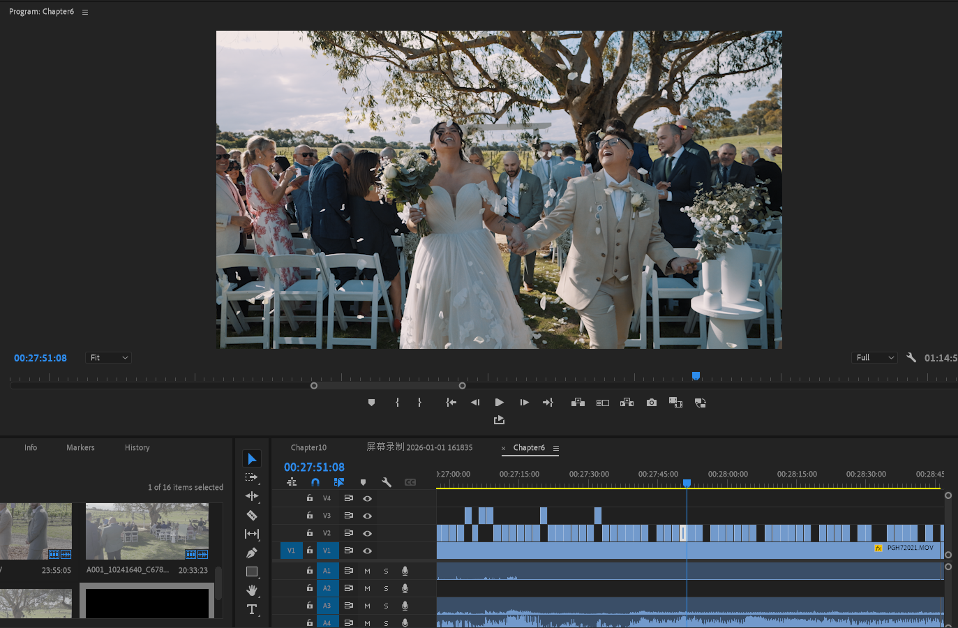 A wedding multicamera edit open in Adobe Premiere Pro