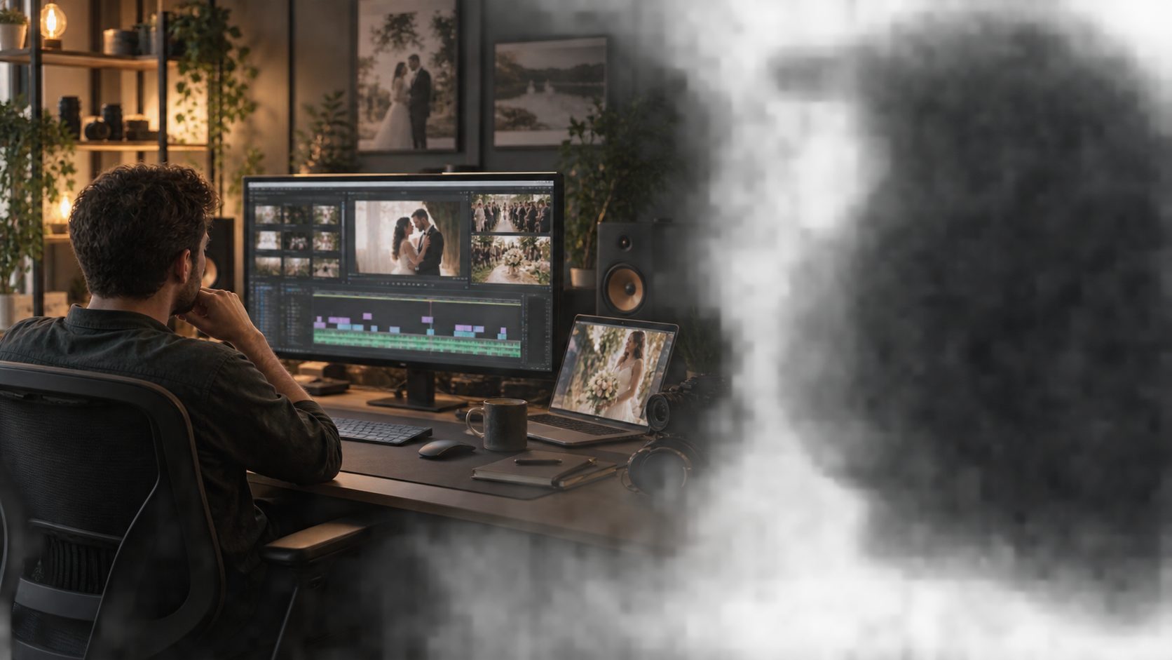 A wedding video editor reviewing a prepared multicamera project
