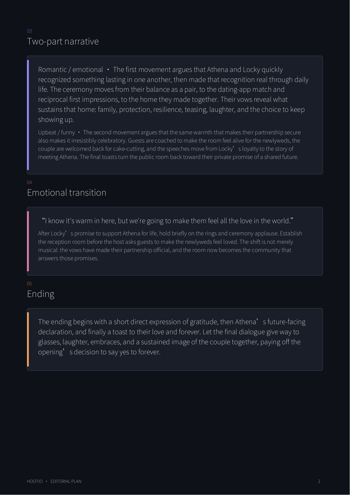 Story Edit editorial plan, page 2: the two-part narrative, emotional transition and ending